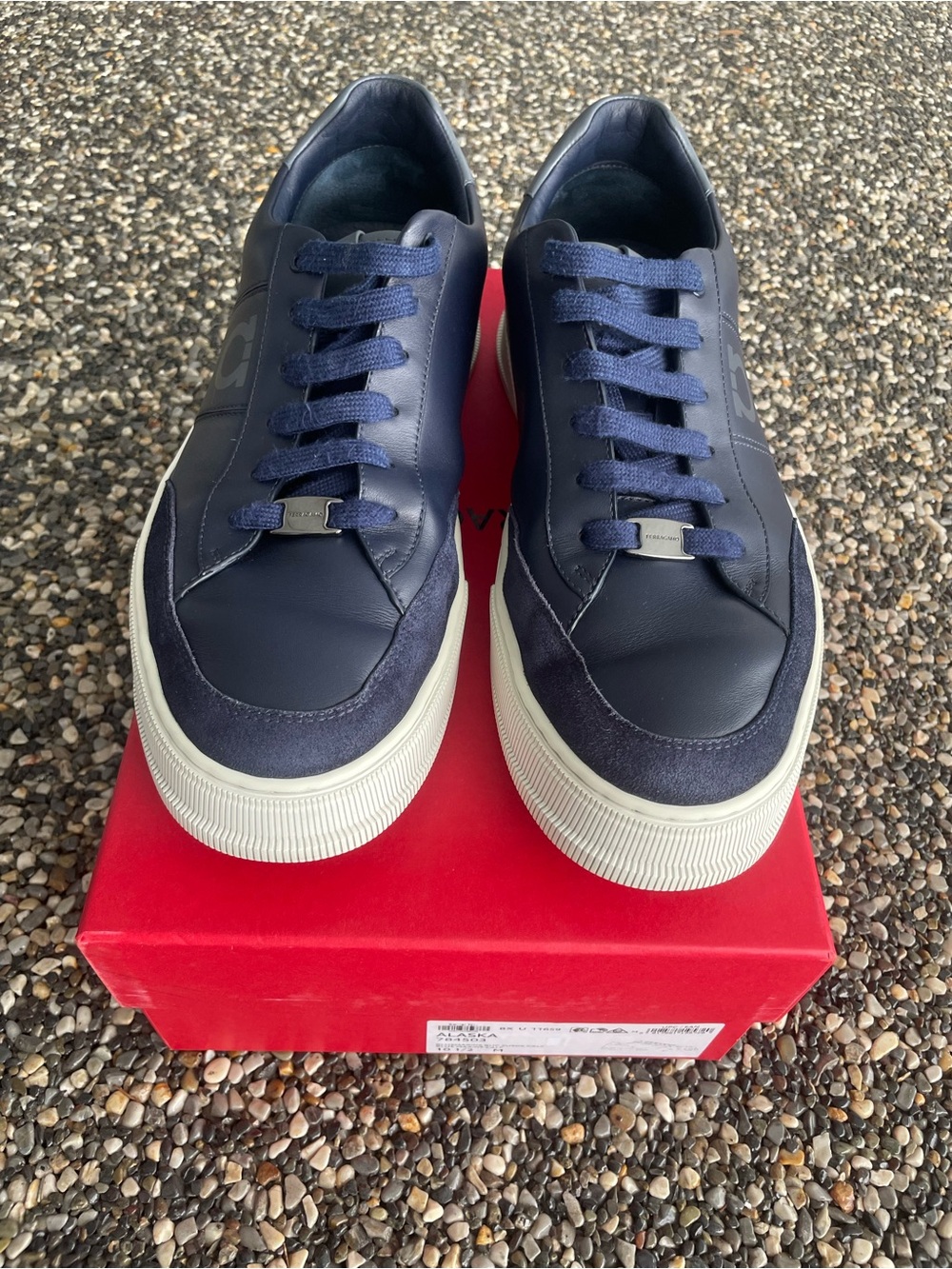 Salvatore Ferragamo Navy and White Platform-Style Sneakers